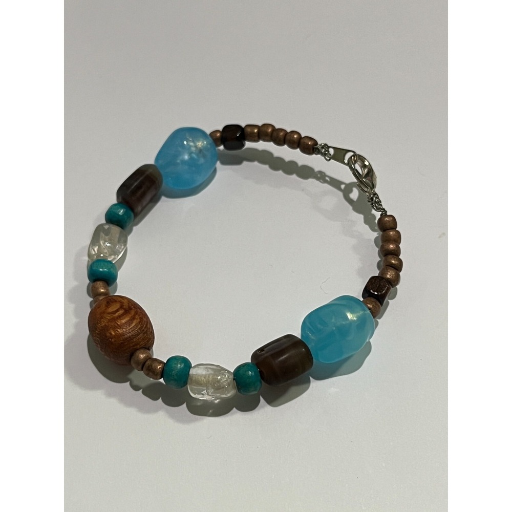Handmade art Bracelet with wood etc beads blue and brown Jewelry hippie artsy